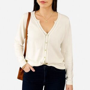 Sarah Bentley Womens Cream Knit Cardigan Button Front‎ Sweater Size L 90s Soft